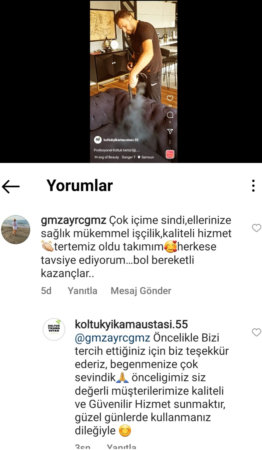 Instagram müşteri yorumu ekran görüntüsü
