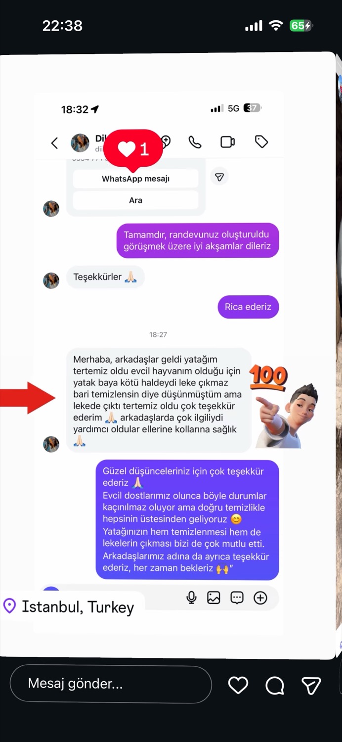 Yatak yıkama müşteri yorumu ekran görüntüsü