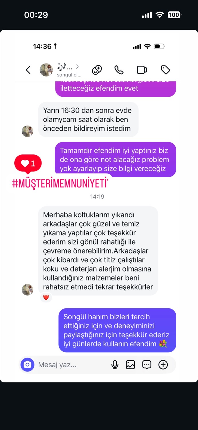 Koltuk yıkama müşteri yorumu ekran görüntüsü